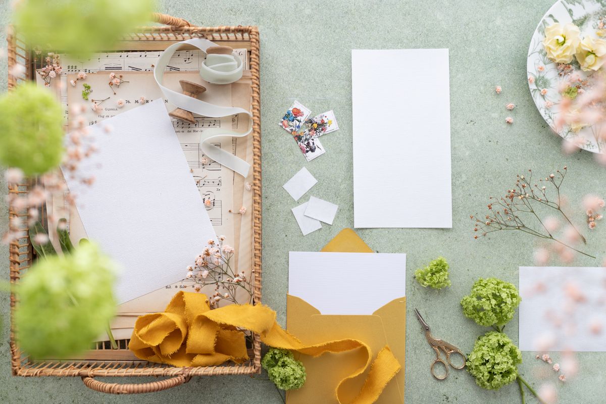 Hochzeitspapeterie Flat Lay — Einladungen, Umschläge und Blumen