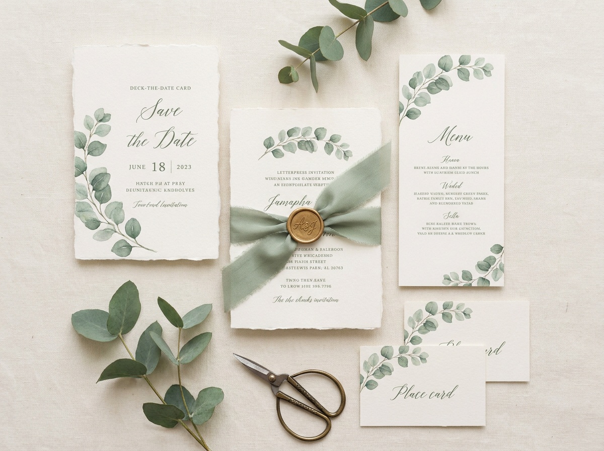 Hochzeitspapeterie-Set mit Save-the-Date, Einladung und Menükarten