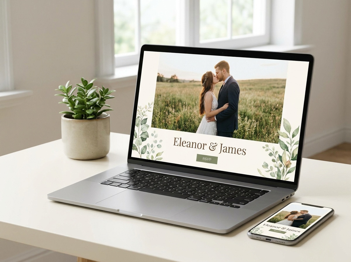 Hochzeitswebsite auf Laptop und Smartphone mit RSVP